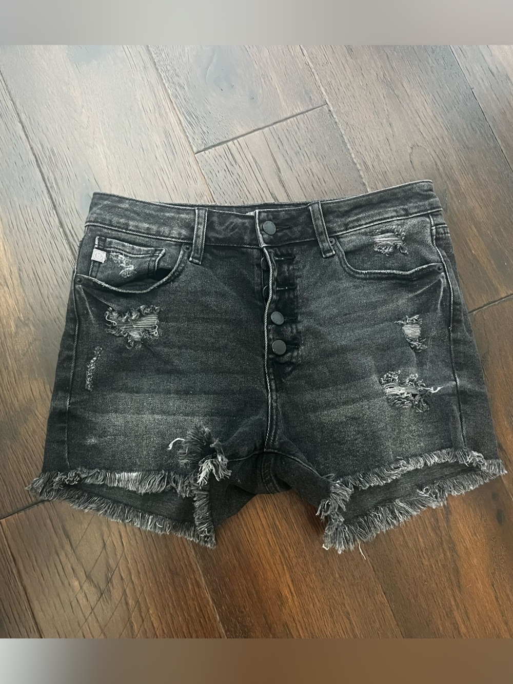 An outdoor scenery button down black denim shorts